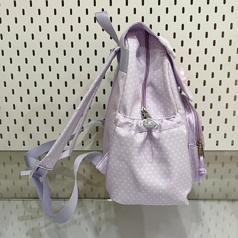 Kawaii Polka Dot Backpack rear view in light purple sideview 