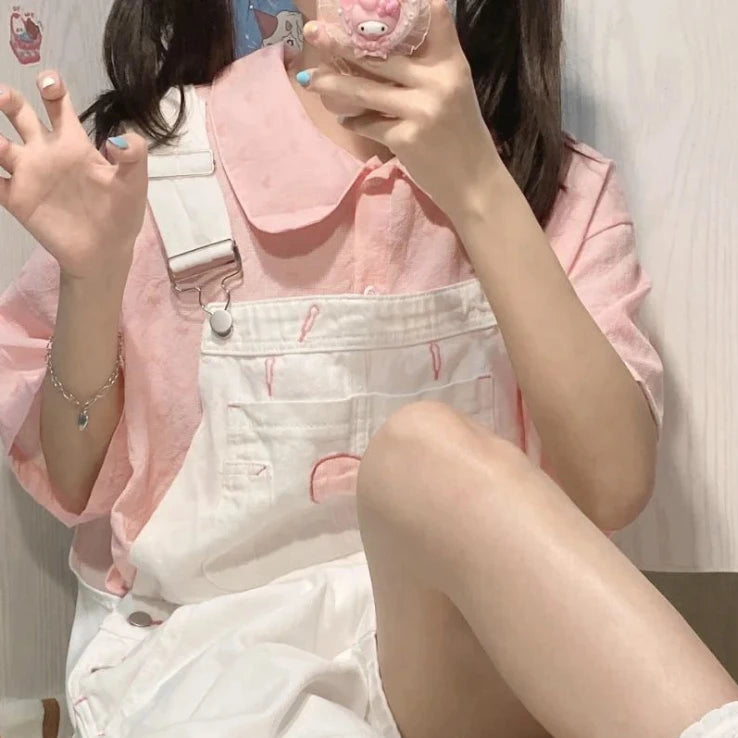 Pink Shirt and White Overalls Oufit