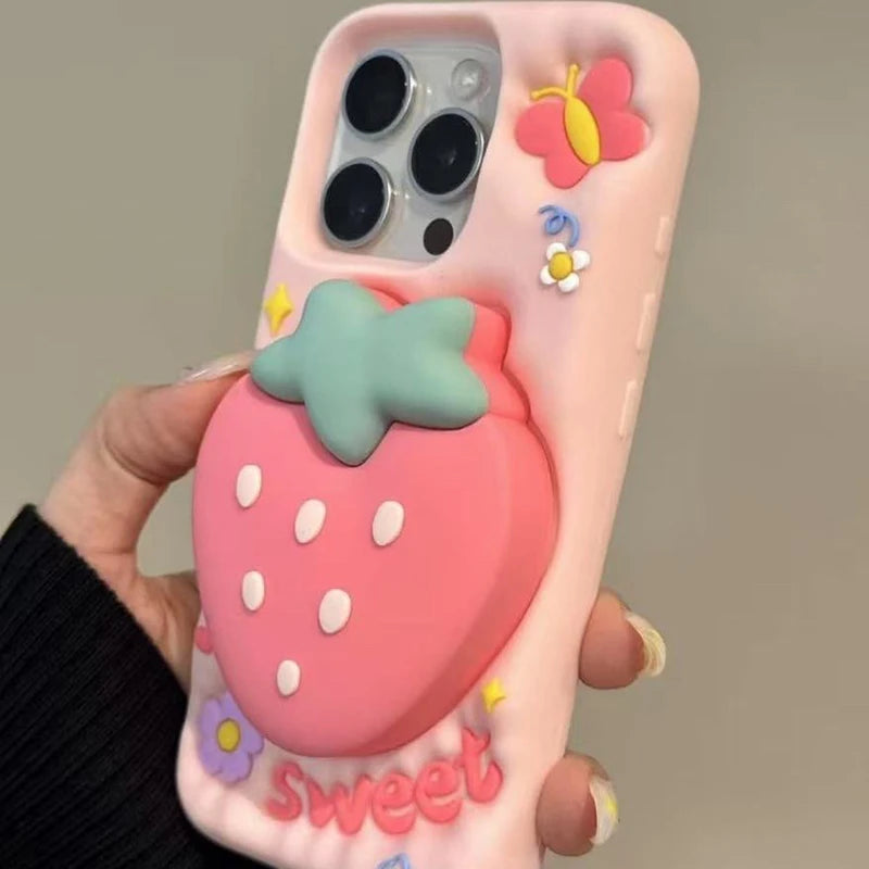 Rear view of Kawaii Sweet Strawberry Butterfly iPhone Case held by a woman