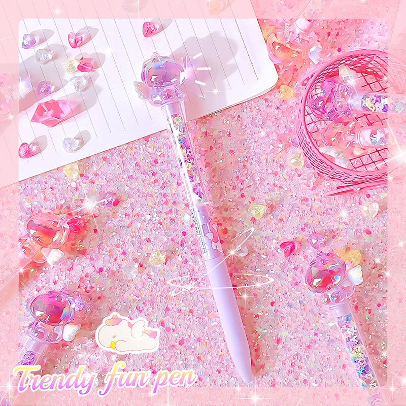 Purple pen with decorative elements on a glittery pink surface