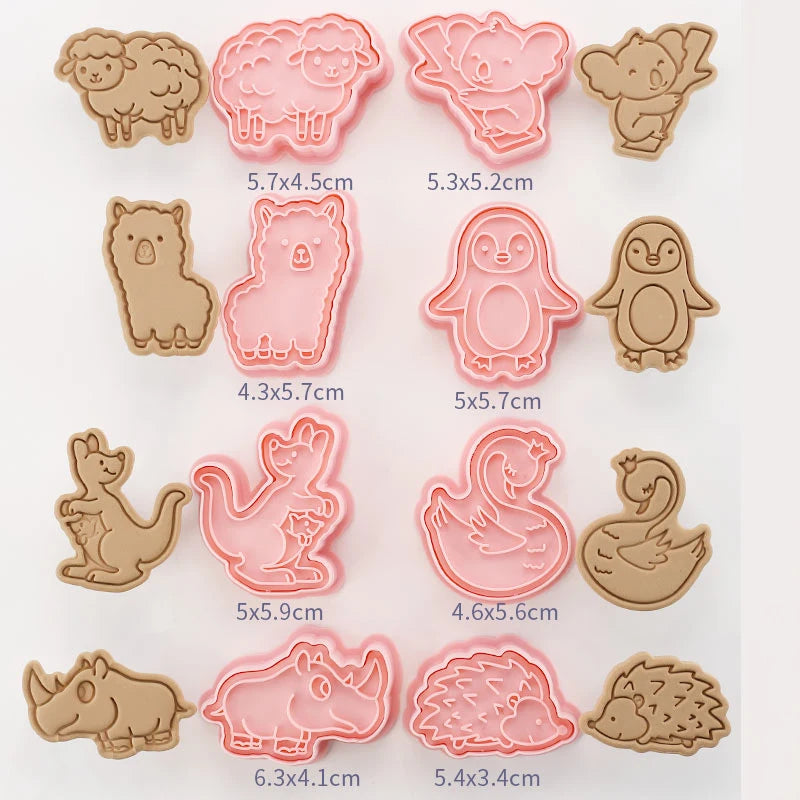 Set of animal-shaped cookie cutters with dimensions on a white background