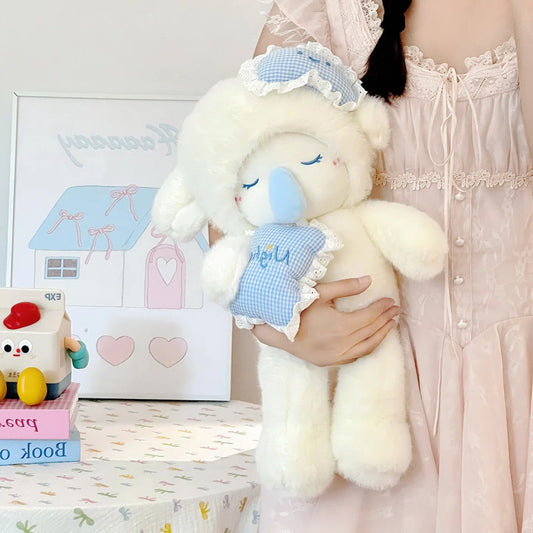 Person holding a kawaii lamb plushie in a bedroom setting