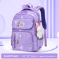Purple backpack with star pattern and bunny plush toy on a light purple background