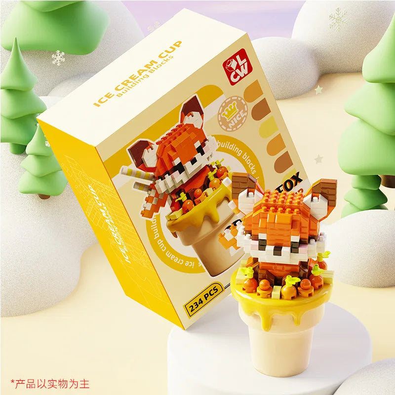 kawaii ice cream building block red fox edition displayed on a snowy background with its box along side it