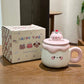 Pink and White Kawaii Animal Pudding Ceramic Mug  sitting on a countertop