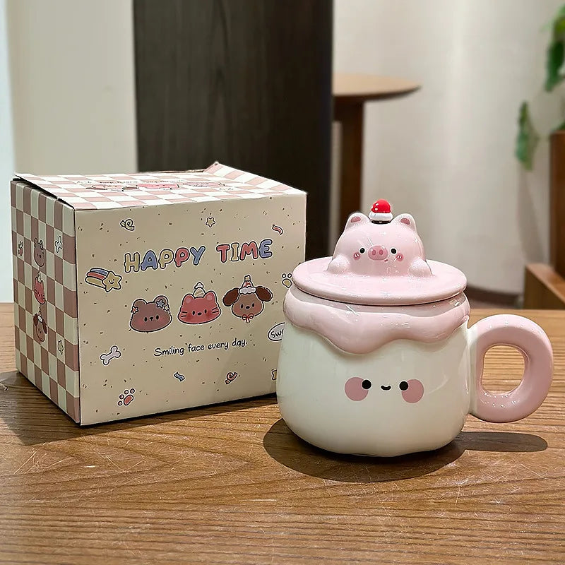 Pink and White Kawaii Animal Pudding Ceramic Mug  sitting on a countertop