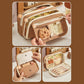 Brown pencil case with compartments containing stationary