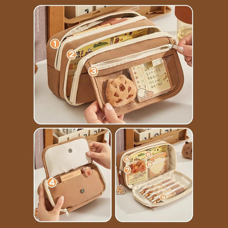 Brown pencil case with compartments containing stationary