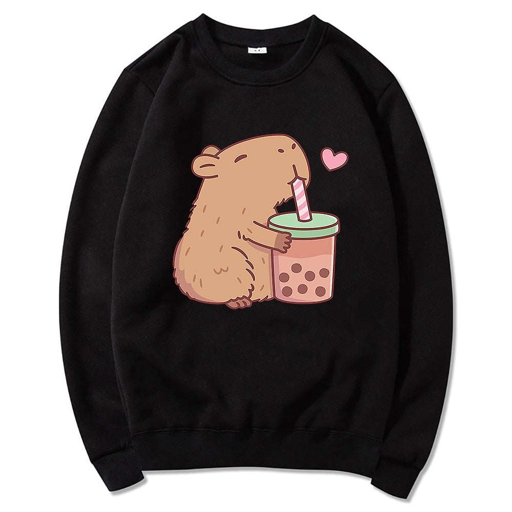 Kawaii Black Capybara Loves Boba Tea Sweater