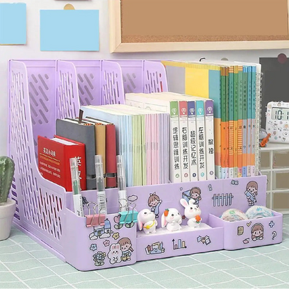 Purple desk organizer with books, stationery, and small figurines on a tiled floor.