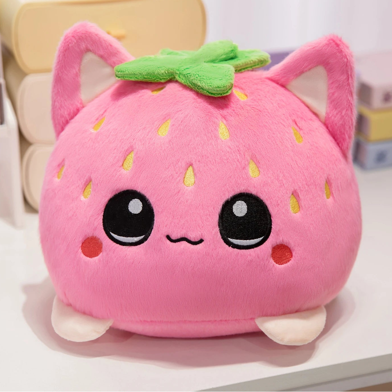 Front view Kawaii Strawberry Cat Plushie on a countertop 