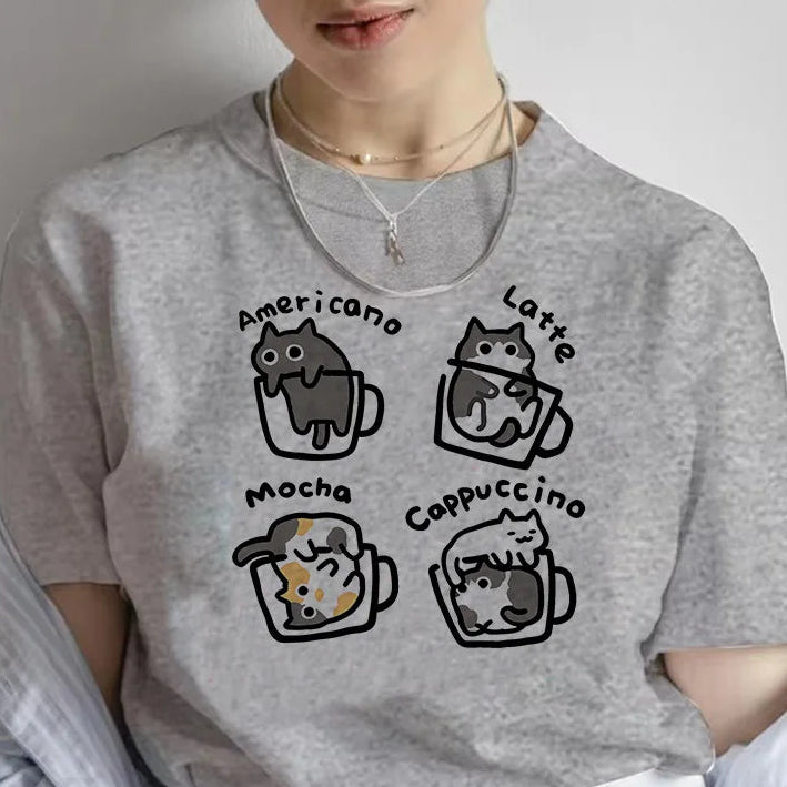 Kawaii Coffee & Cats T-Shirt front view Grey