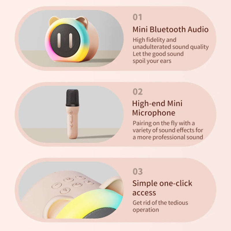 Cute Cat Mini Karaoke Speaker pink edition displayed with its pink microphone on a pink background stating the three things it can do which is mini blue tooth audio, high end microphone and simple one click access.