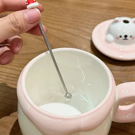 Kawaii Animal Pudding Ceramic Mug  with a band holding a stirring stick