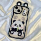 kawaii panda samsung phone case with panda ears on a white silk background, the panda on the phone case is sat eating bamboo