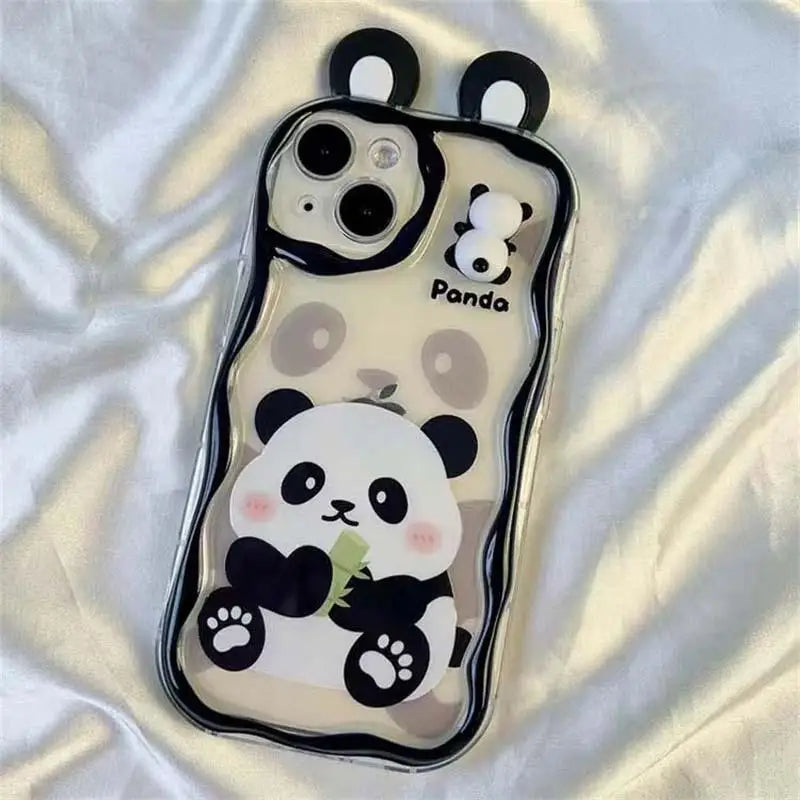 kawaii panda samsung phone case with panda ears on a white silk background, the panda on the phone case is sat eating bamboo