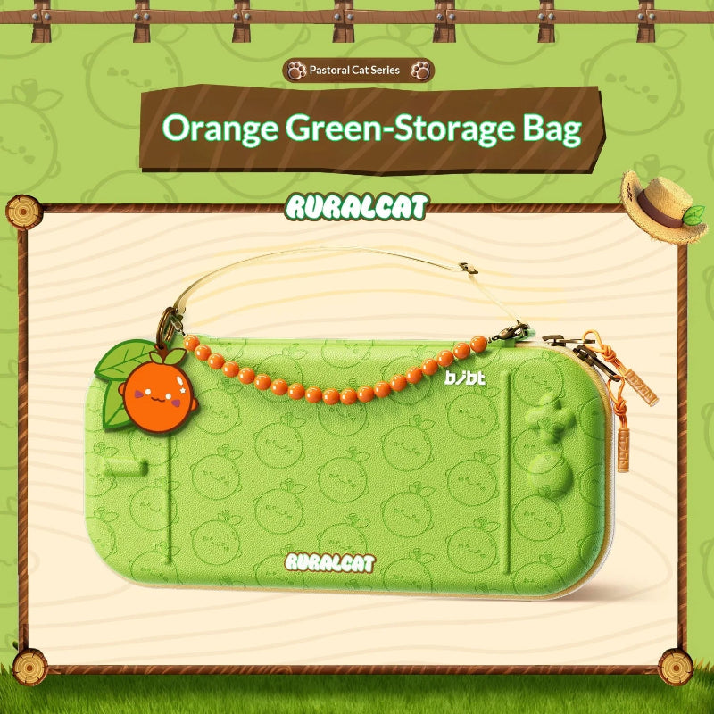 Green storage bag with orange charm on a green background