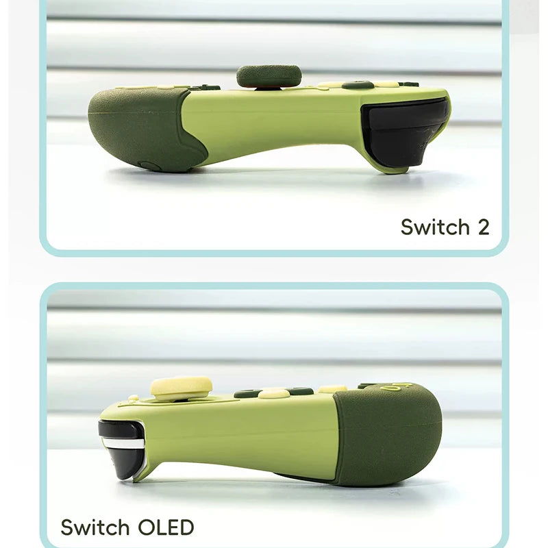 Two green gaming controllers labeled 'Switch 2' and 'Switch OLED' on a light gray background.