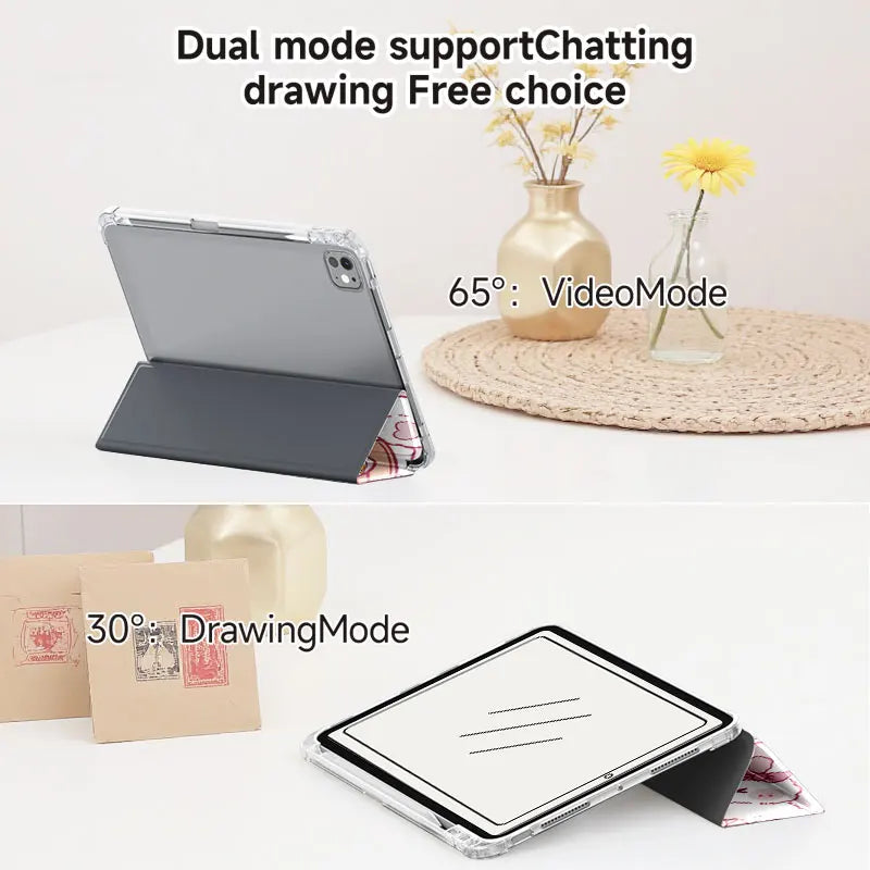 kawaii Strawberry Bunny & Coffee iPad Case, this case depicts a bunny winking while holding a coffee in its paws, with strawberries raining down, the main color is pastel pink with a white rabbit. this image is displaying the angles that the case can be at while holding the ipad for example 65 degrees or 30 degrees, this is displayed on a white table.