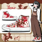 A pair of high-top sneakers shown in a stylized collage layout, alongside an anime-style character wearing matching brown overalls and red-and-white shoes. The sneakers feature red and white heart motifs, winged horse illustrations, and decorative graphics on the sides and toe boxes.