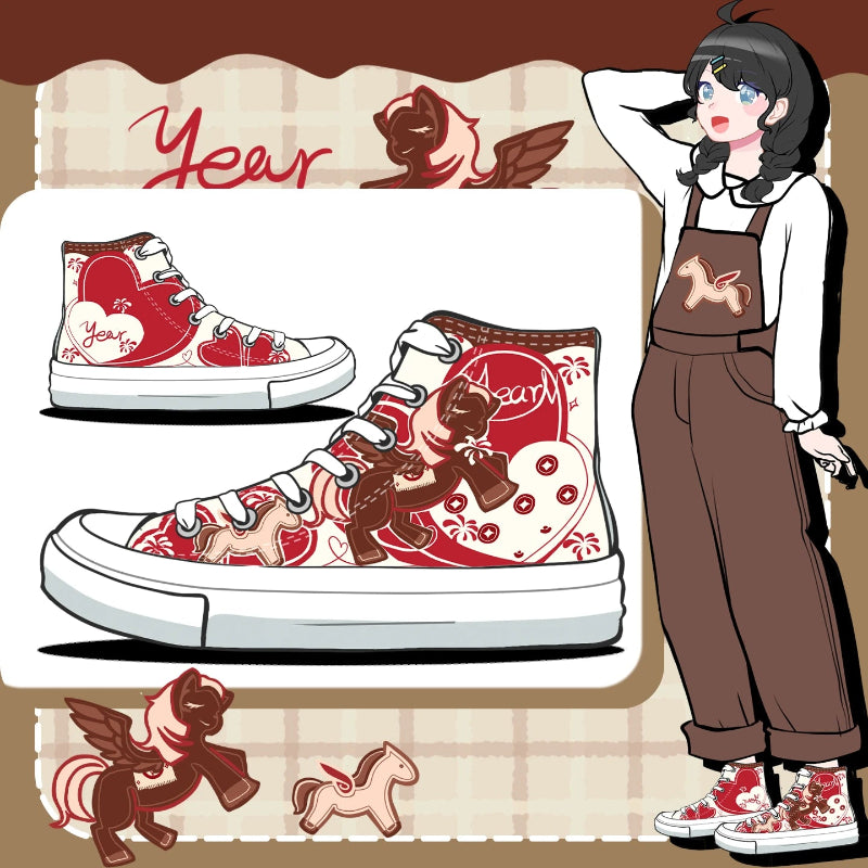 A pair of high-top sneakers shown in a stylized collage layout, alongside an anime-style character wearing matching brown overalls and red-and-white shoes. The sneakers feature red and white heart motifs, winged horse illustrations, and decorative graphics on the sides and toe boxes.