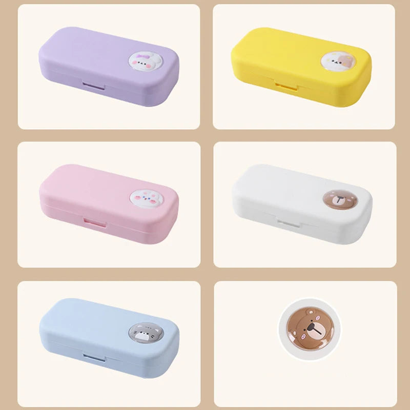 Collage of six colorful small rectangular cases with cartoon character designs on a beige background.