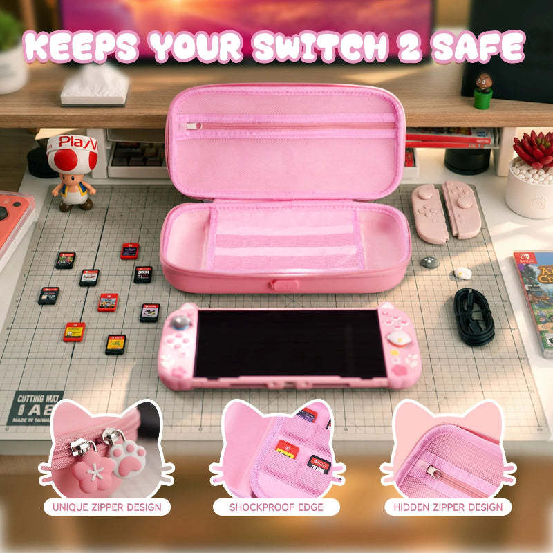 Pink carrying case for a handheld gaming device on a desk with text 'Keeps Your Switch 2 Safe'.