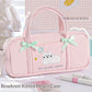 Pink pencil case with bowknot and cat design on a white background