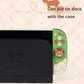 Green case with cartoon design attached to a black electronic device, labeled 'Nintendo Switch'.