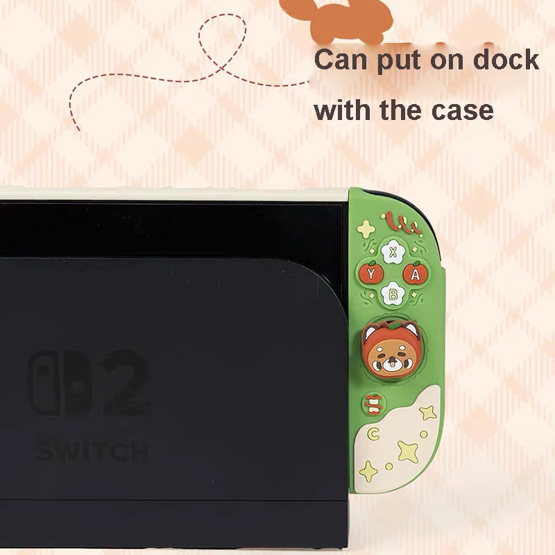 Green case with cartoon design attached to a black electronic device, labeled 'Nintendo Switch'.