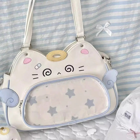 Cartoon cat-shaped handbag on a striped background