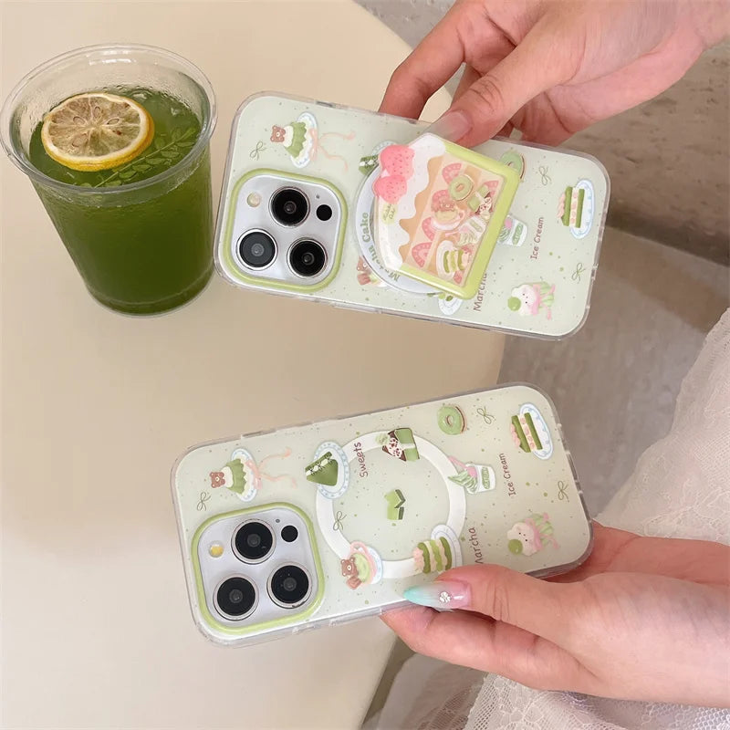 Kawaii Matcha Cake Phone Grip, this image is showing the set that has a case and grip, but is also displaying the case without the grip which you can buy separately. 