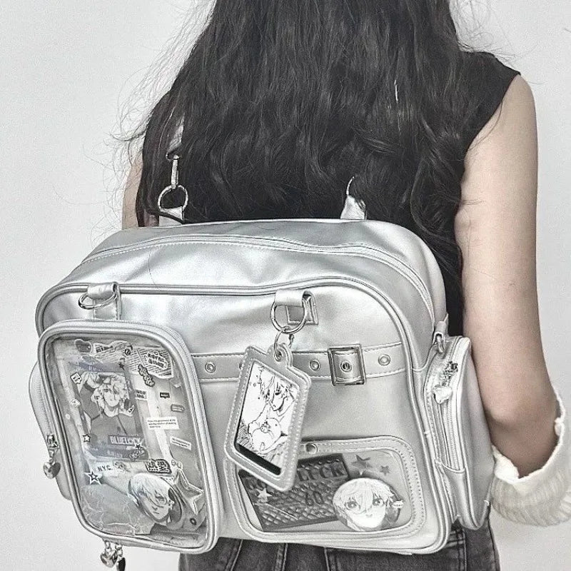 Kawaii Silver Display Window Pastel Crossbody Bag worn by a woman