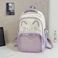 Purple neko backpack displayed by a white wall