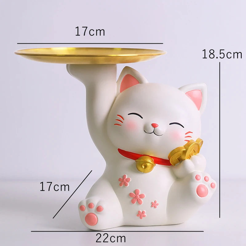 White cat-shaped table with gold tray, measurements indicated, on a light gray background