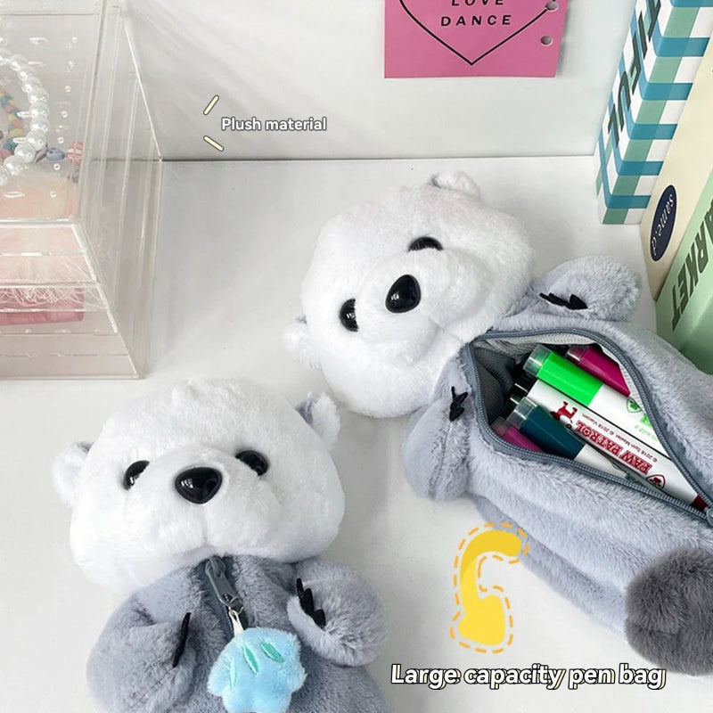 Kawaii otter plush pal pencil case displayed on a white surface.
