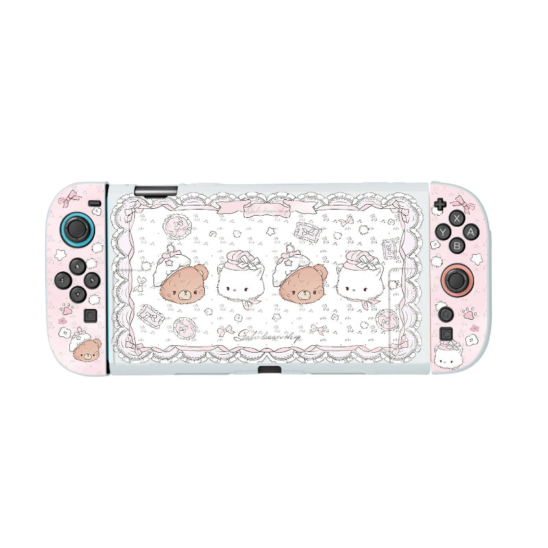 Gaming console with a decorative case featuring cartoon characters on a white background