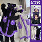 Two people wearing plush hooded kigurumi sleep suits with cat-ear hoods and purple ghost accents, shown in a split indoor photo and a purple inset panel with the word LOOK.