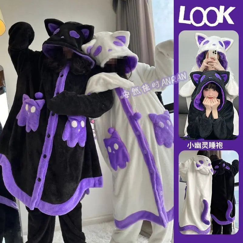 Two people wearing plush hooded kigurumi sleep suits with cat-ear hoods and purple ghost accents, shown in a split indoor photo and a purple inset panel with the word LOOK.