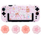 Gaming controller with a cute pattern and flower-shaped joystick covers on a white background