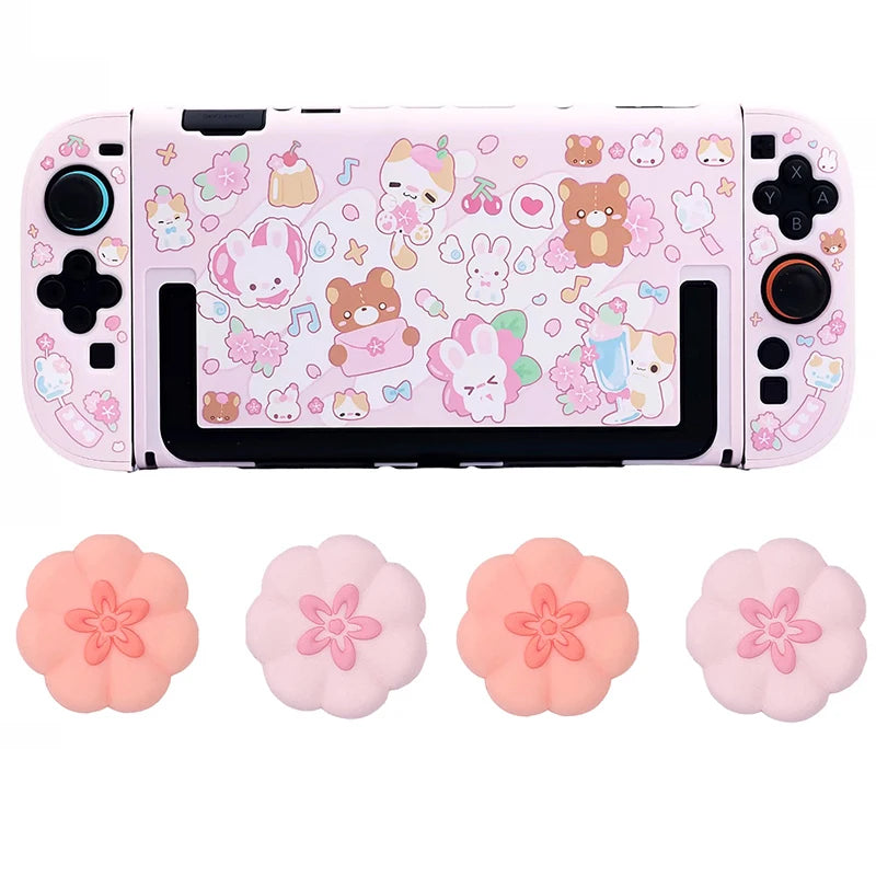 Gaming controller with a cute pattern and flower-shaped joystick covers on a white background