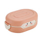 Pink lunch box with a cute face design on a white background