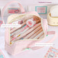 Pink stationery bag with double-layer storage compartments on a white background