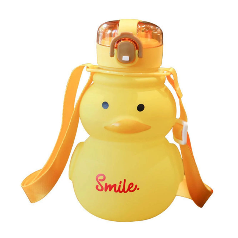 Yellow duck-shaped water bottle with a strap on a white background