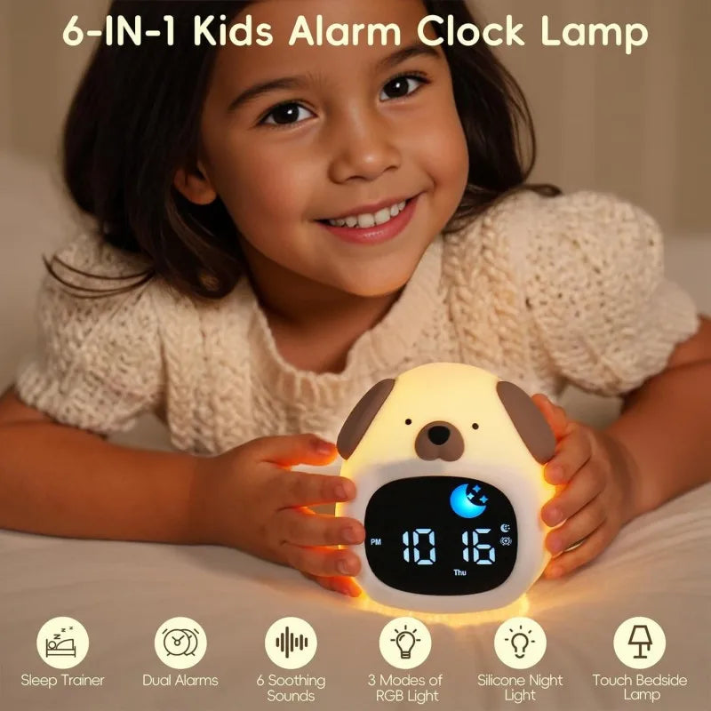 Front view of Kawaii Cute Puppy Night Light Alarm Clock  showing 6 in 1 alarm clock lamp 