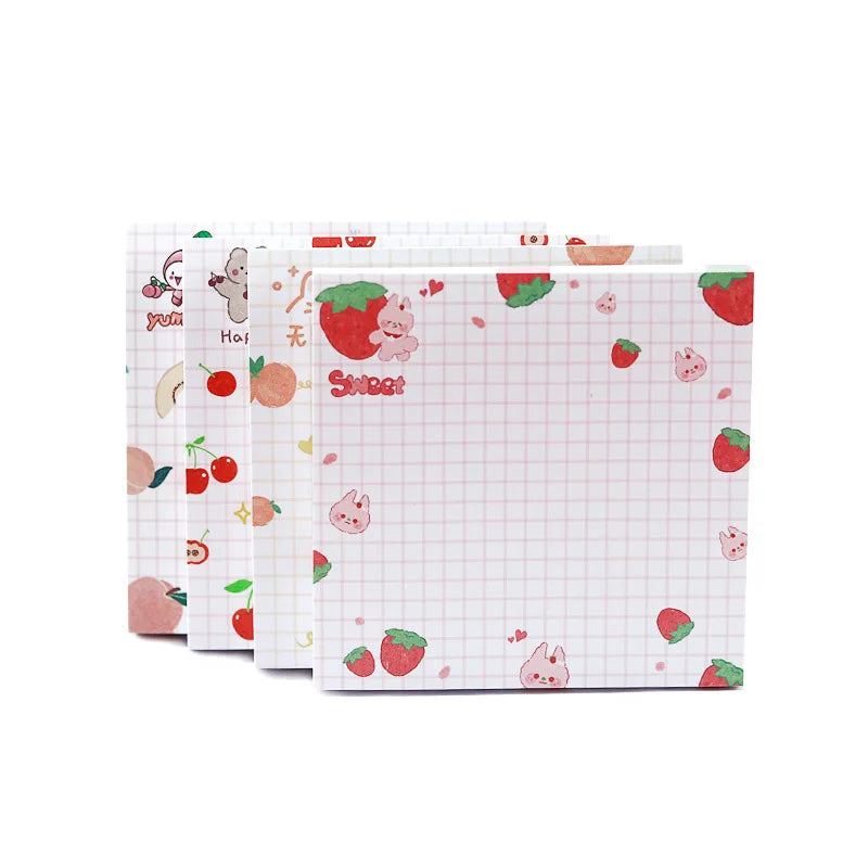Three kawaii sticky note pads with cute designs on a white background