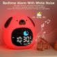 Front view of Kawaii Cute Puppy Night Light Alarm Clock in red showcasing white noise 
