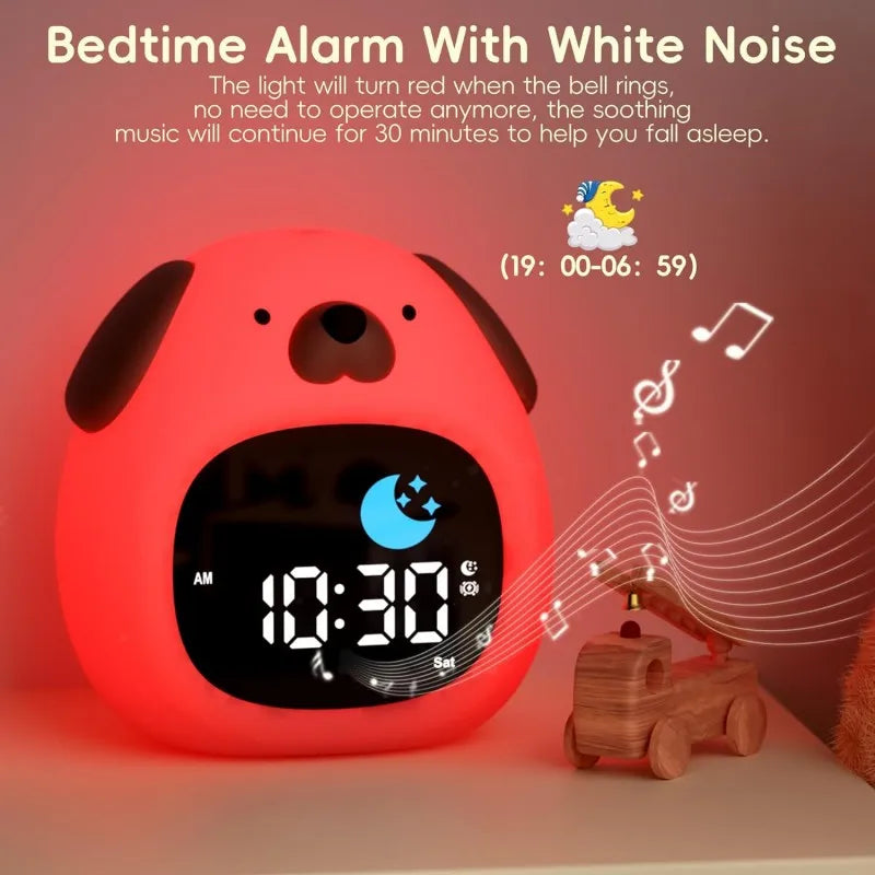 Front view of Kawaii Cute Puppy Night Light Alarm Clock in red showcasing white noise 