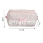 Pink checkered pencil case with lace details and a bow, shown with dimensions on a white background.