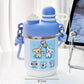  cute water bottle with cartoon designs held by hands against a blurred background. displaying the measurements of it.